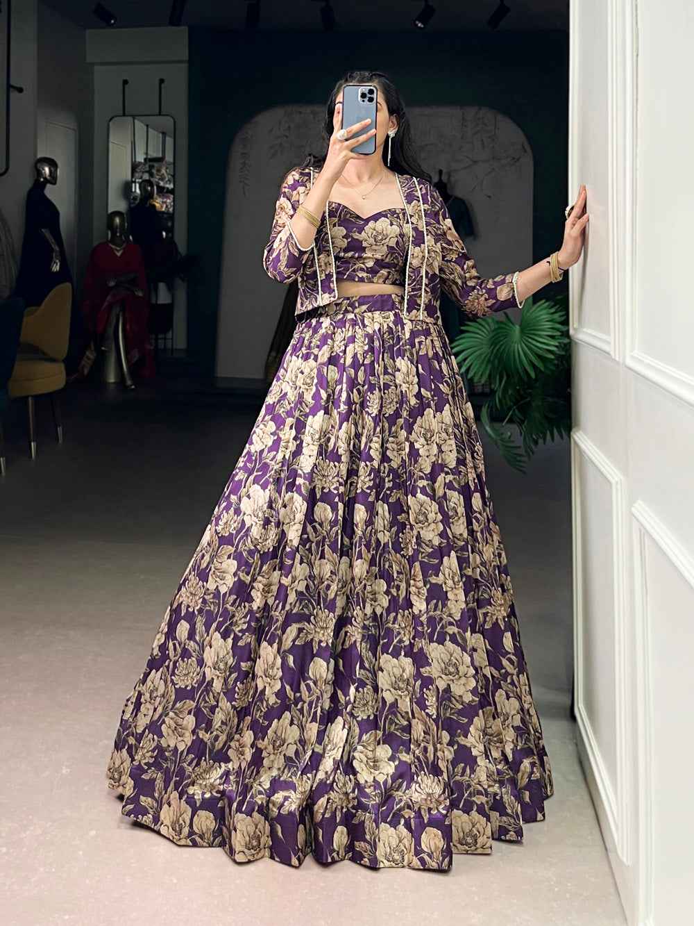 Violet tasar silk floral lehenga choli