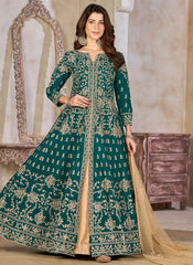 Teal slit style anarkali suit front view with embroidery and net dupatta