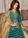 Embroidery detail on teal art silk slit style anarkali suit