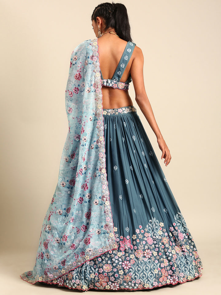 Teal Blue Chinon Sequins embroidery Semi-Stitched Lehenga choli & Dupatta