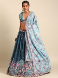 Teal Blue Chinon Sequins embroidery Semi-Stitched Lehenga choli & Dupatta