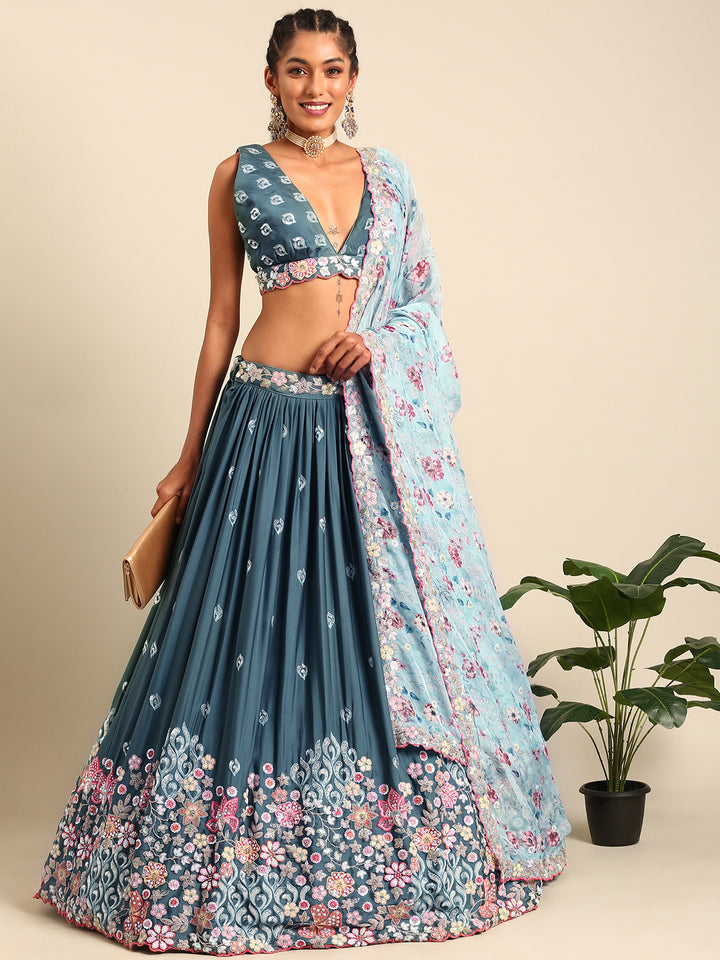 Teal Blue Chinon Sequins embroidery Semi-Stitched Lehenga choli & Dupatta