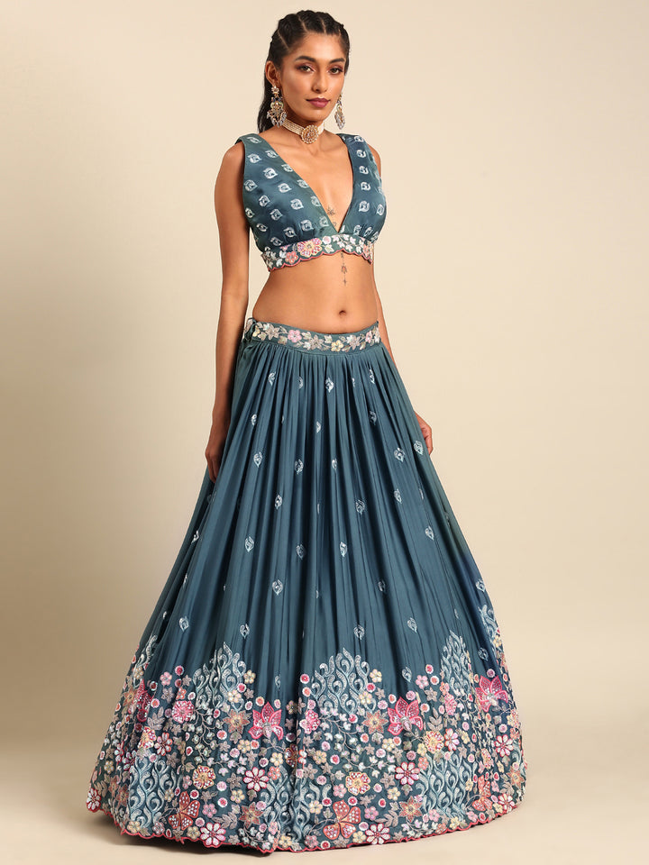 Teal Blue Chinon Sequins embroidery Semi-Stitched Lehenga choli & Dupatta