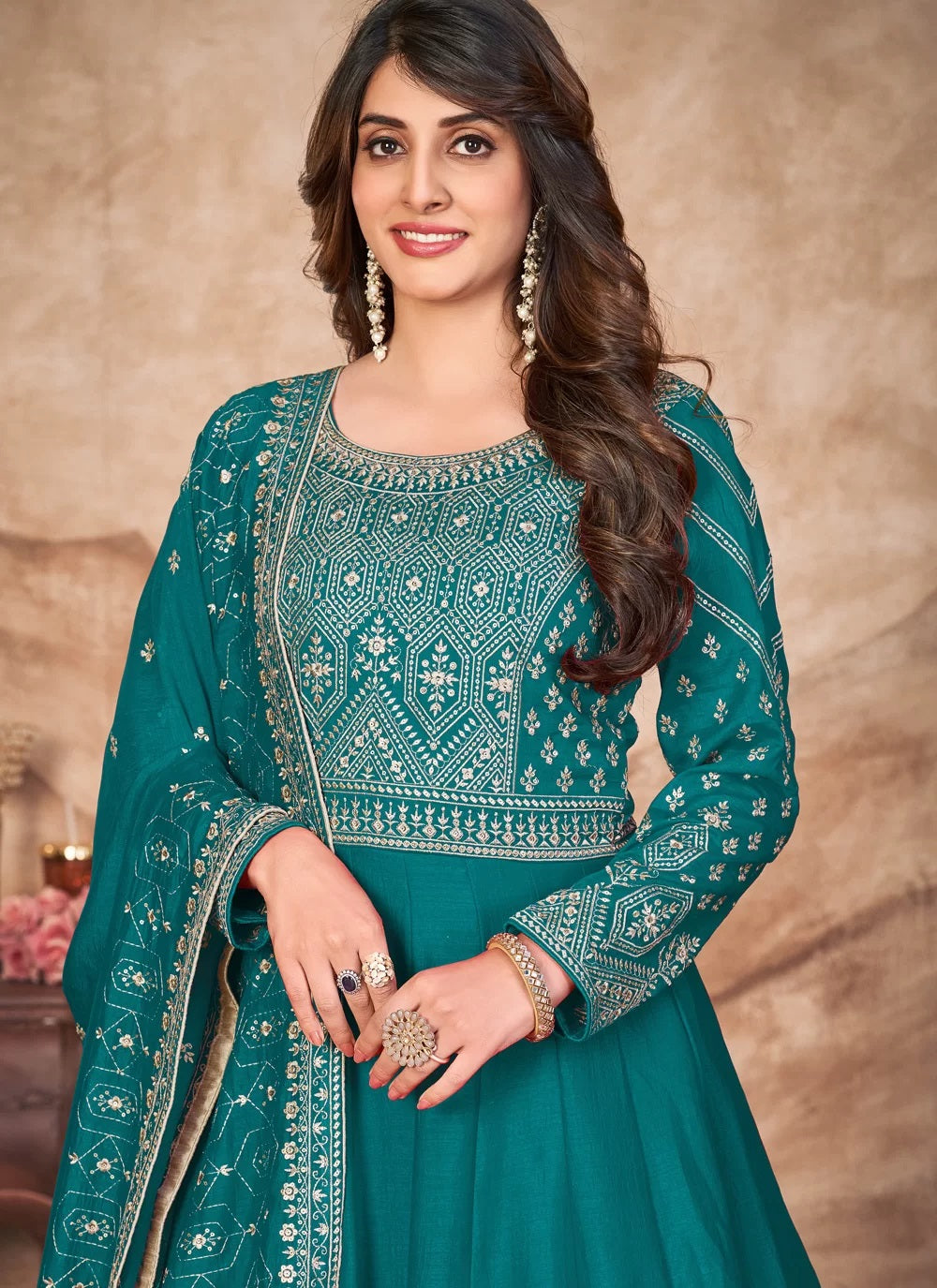 Teal Blue Embroidered Art Silk Abaya Style Suit