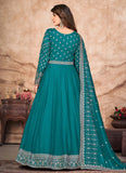 Teal Blue Embroidered Art Silk Abaya Style Suit