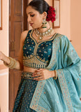 Sequins embroidered teal tissue silk lehenga