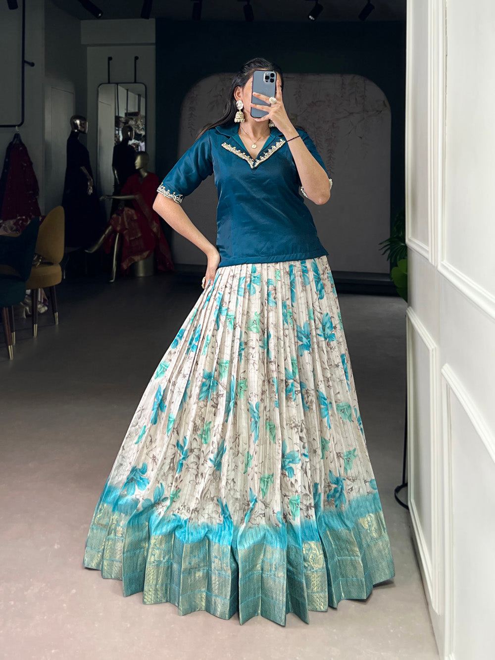 Semi-stitched teal lehenga with 3.80-meter flair