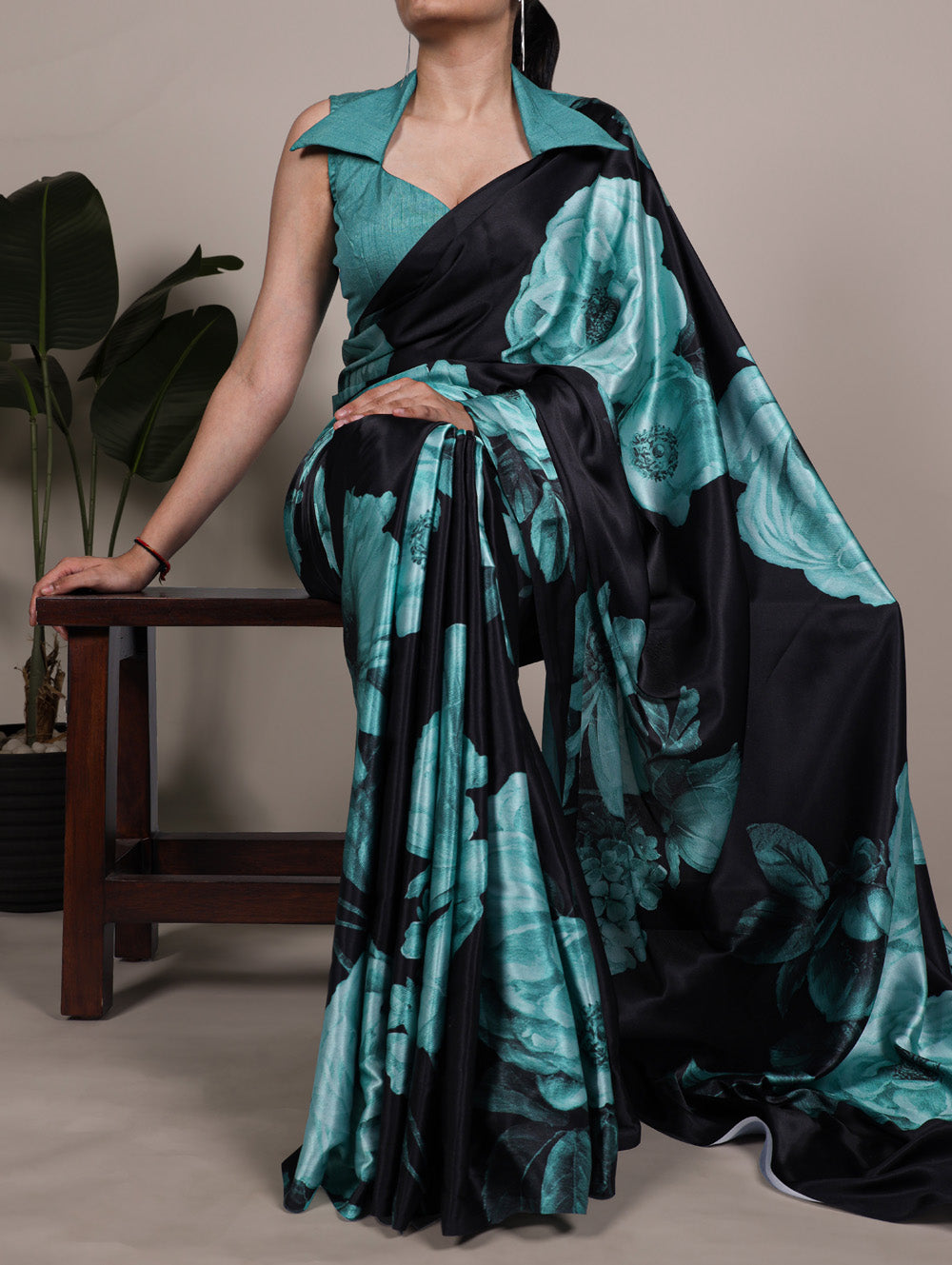 Teal floral printed satin silk saree