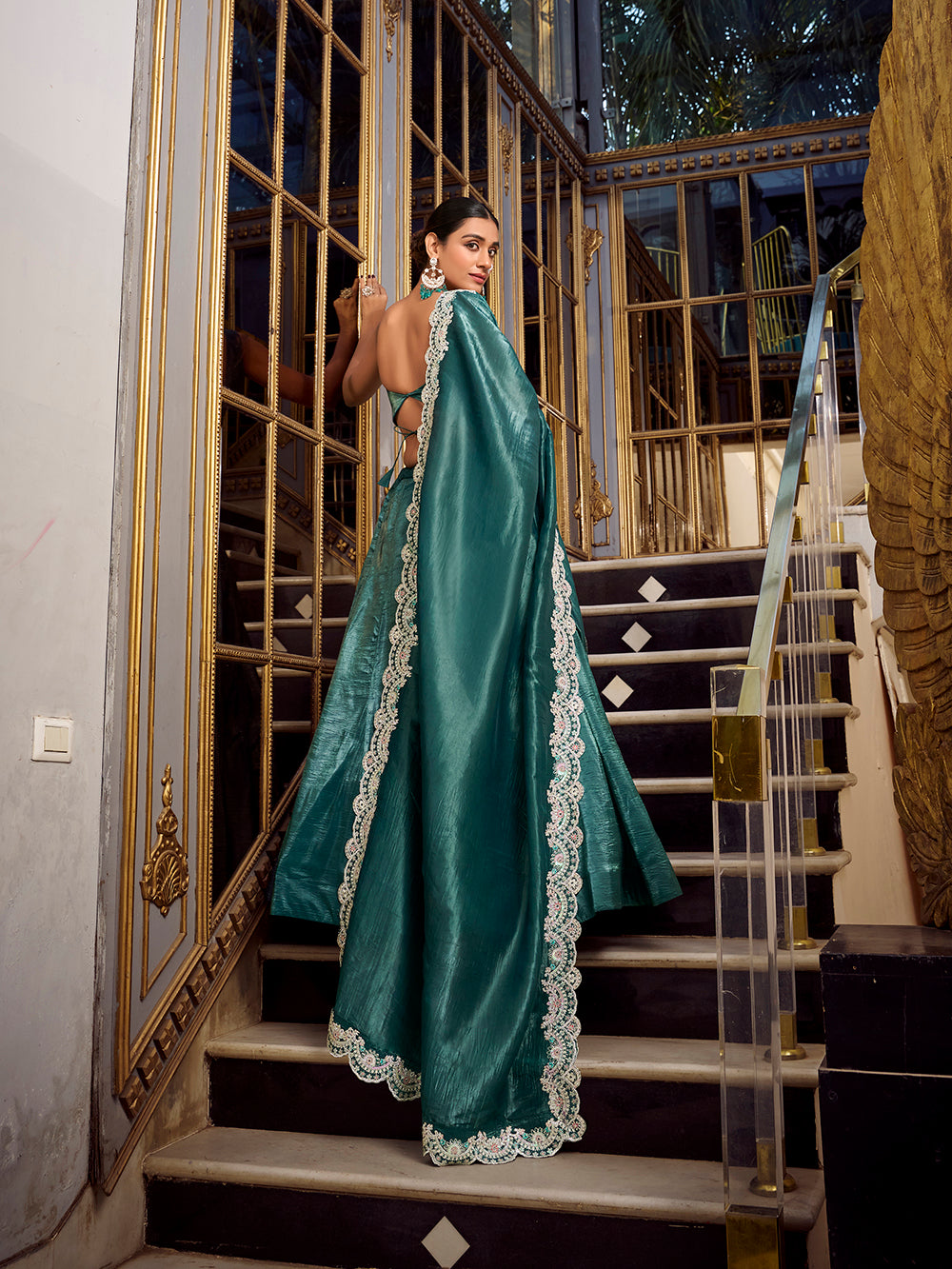 Teal Color Sequins And Thread Embroidery Work Gold Crush Lehenga Choli