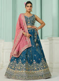 Wedding lehenga for women in teal cosmos silk with sequin & beads embroidery