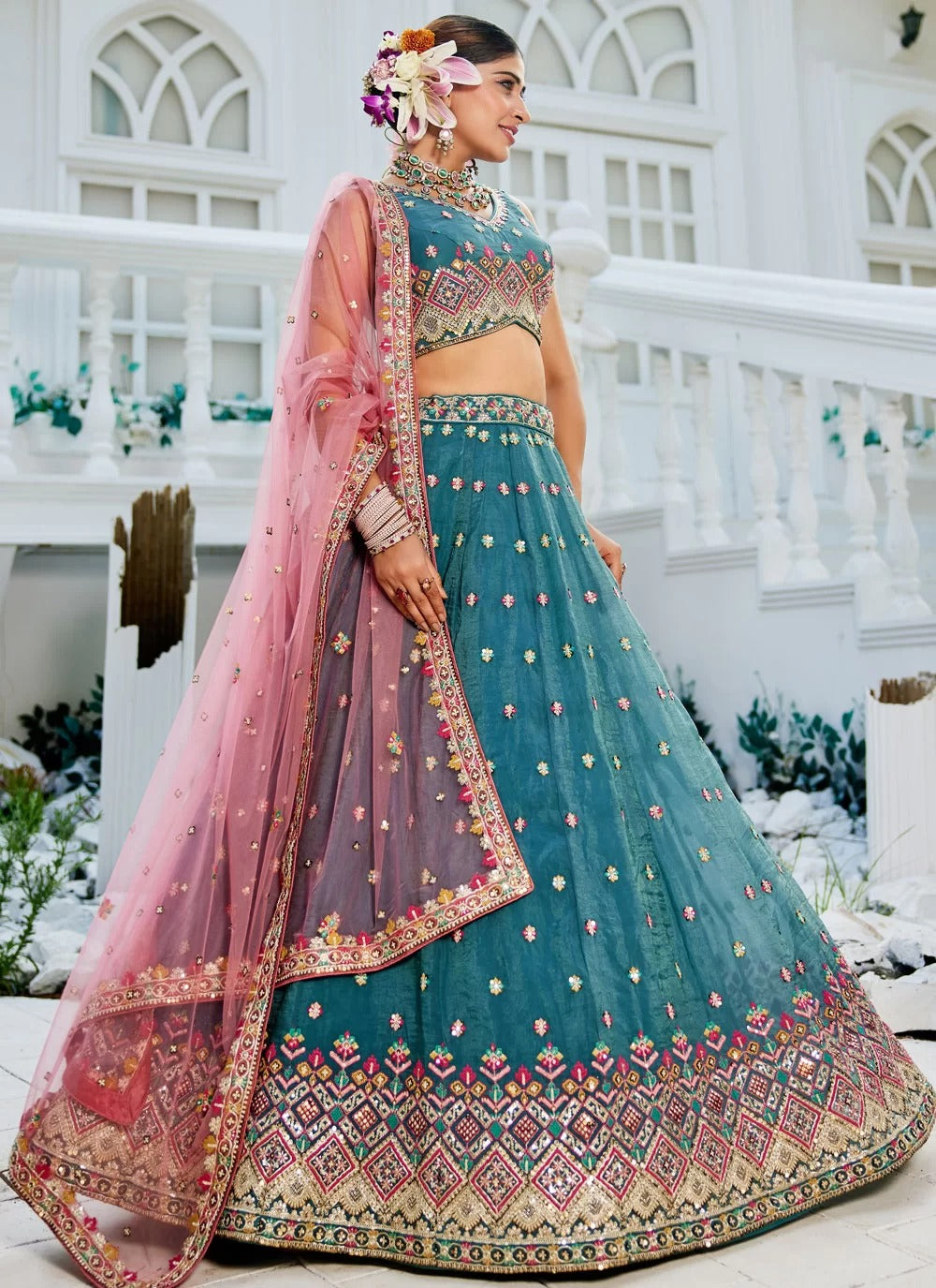 Elegant Teal Tissue Bridal Lehenga with Embroidery and Sequins Work for Wedding