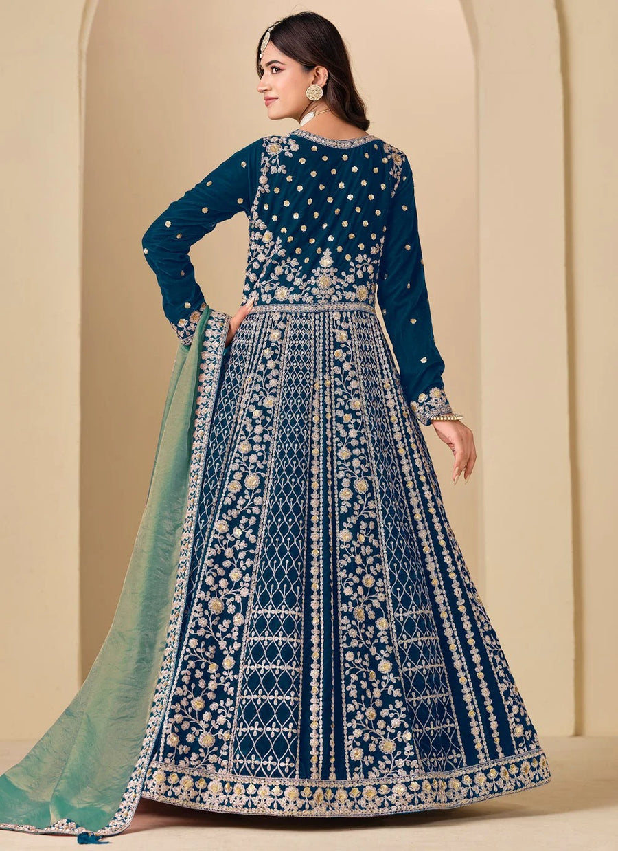 Teal velvet Abaya style Anarkali suit with embroidery work