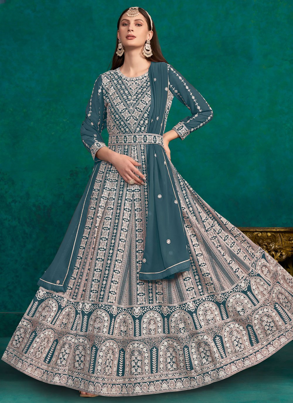 Teal Faux Georgette Lakhnavi Indian Anarkali Salwar Suit