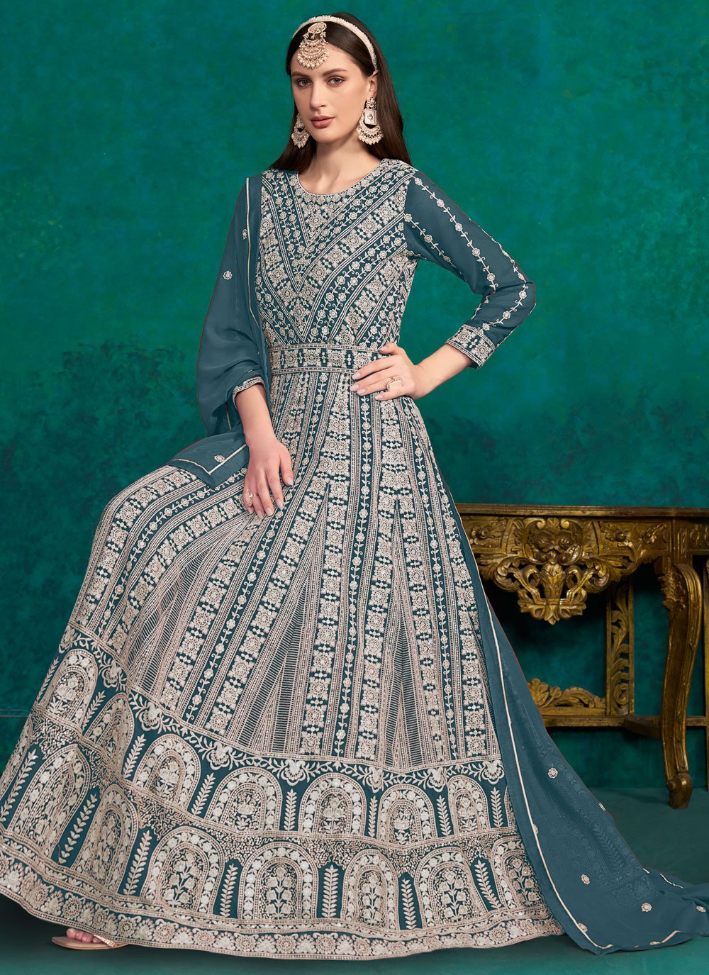 Teal Faux Georgette Lakhnavi Indian Anarkali Salwar Suit