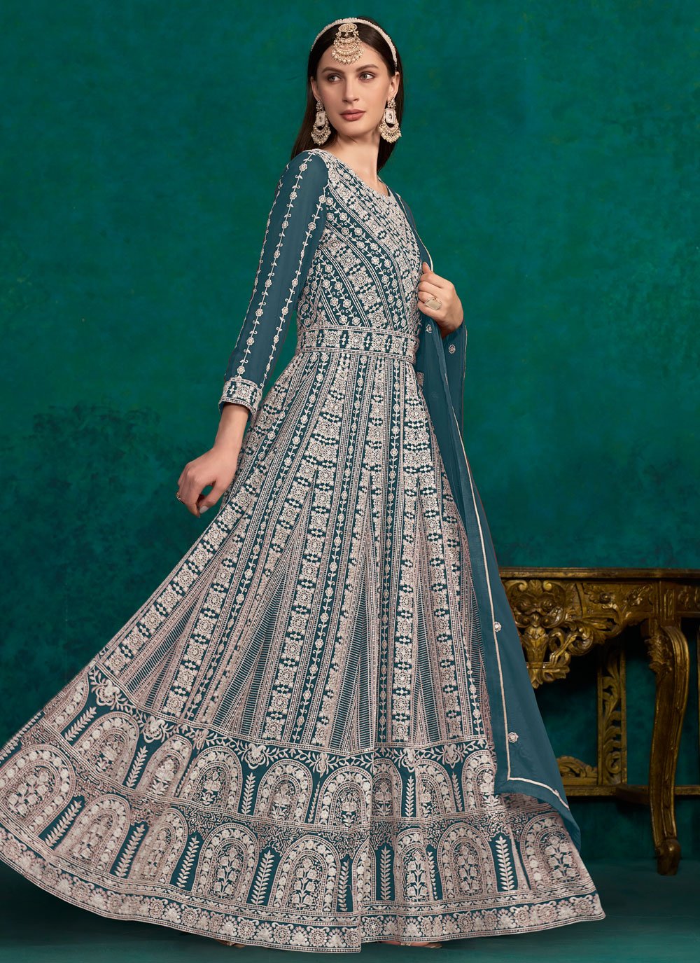 Teal Faux Georgette Lakhnavi Indian Anarkali Salwar Suit