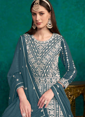 Teal Faux Georgette Lakhnavi Indian Anarkali Salwar Suit