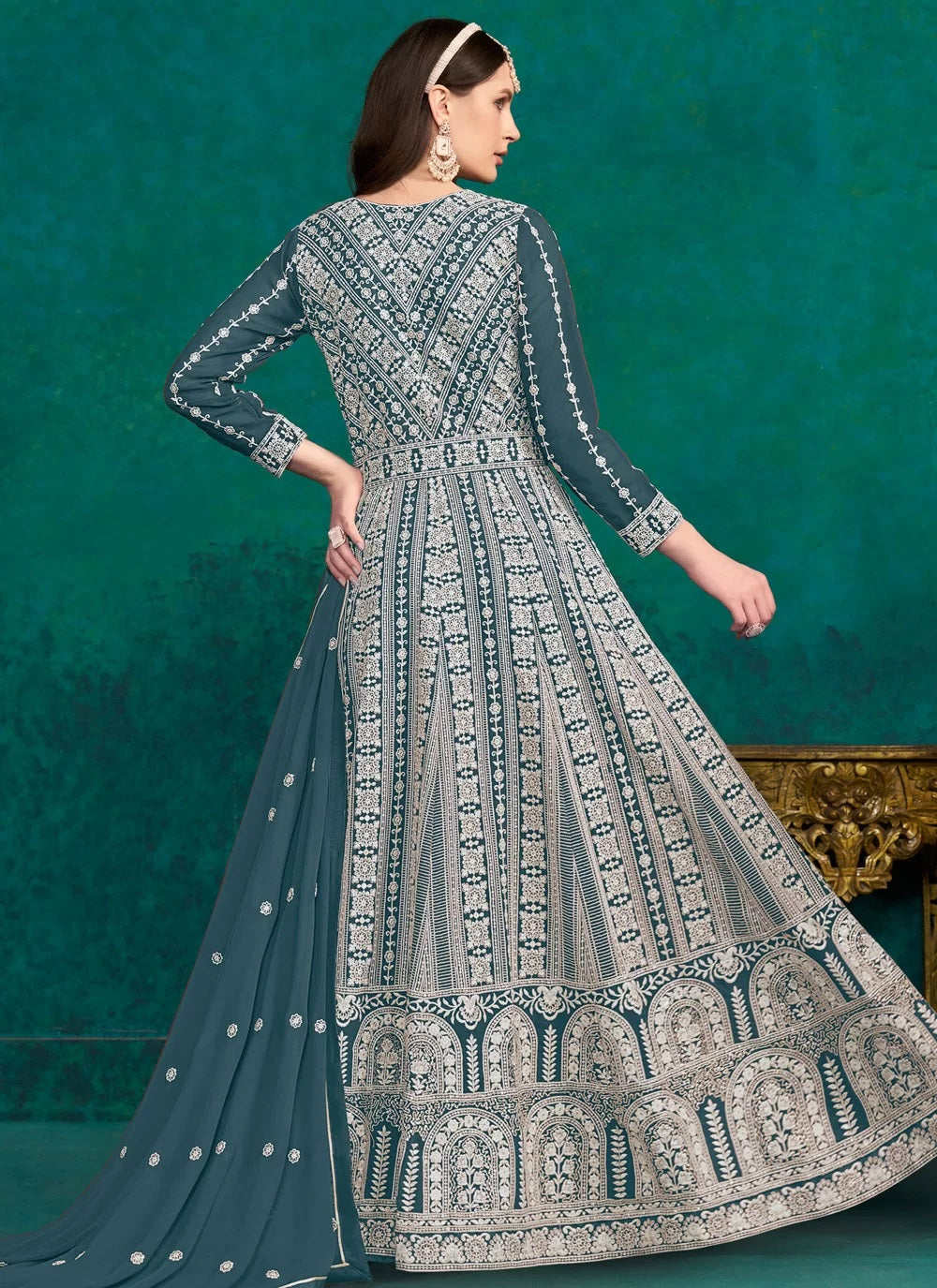 Teal Faux Georgette Lakhnavi Indian Anarkali Salwar Suit