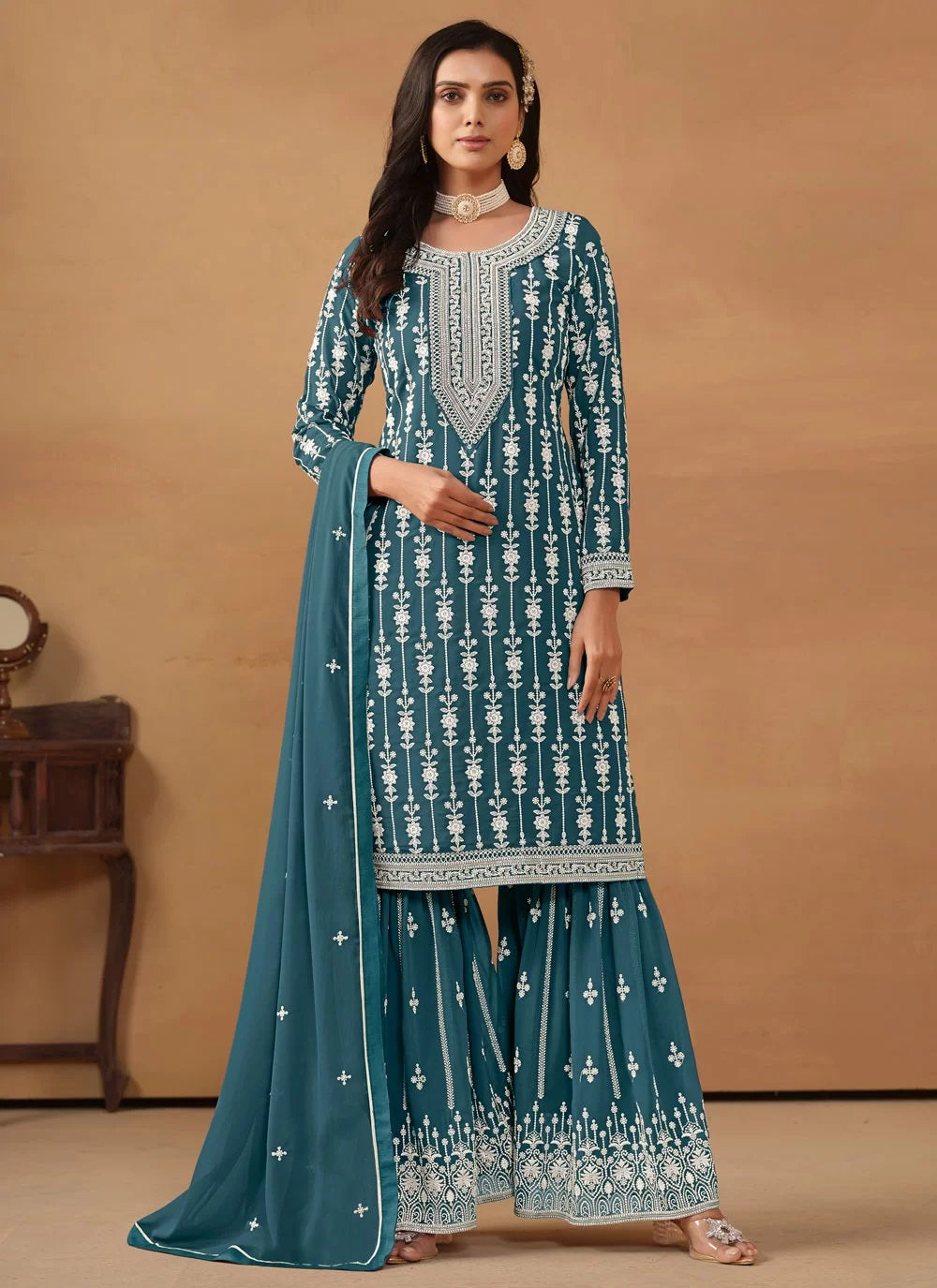Teal Georgette Embroidered Party Wear Palazzo Suit