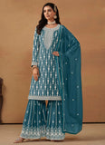 Teal Georgette Embroidered Party Wear Palazzo Suit