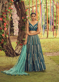 Teal Georgette Sequins and Moti Work Wedding Lehenga