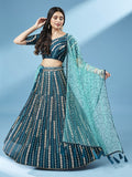 Teal Georgette Sequins and Moti Work Wedding Lehenga