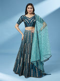 Teal Georgette Sequins and Moti Work Wedding Lehenga