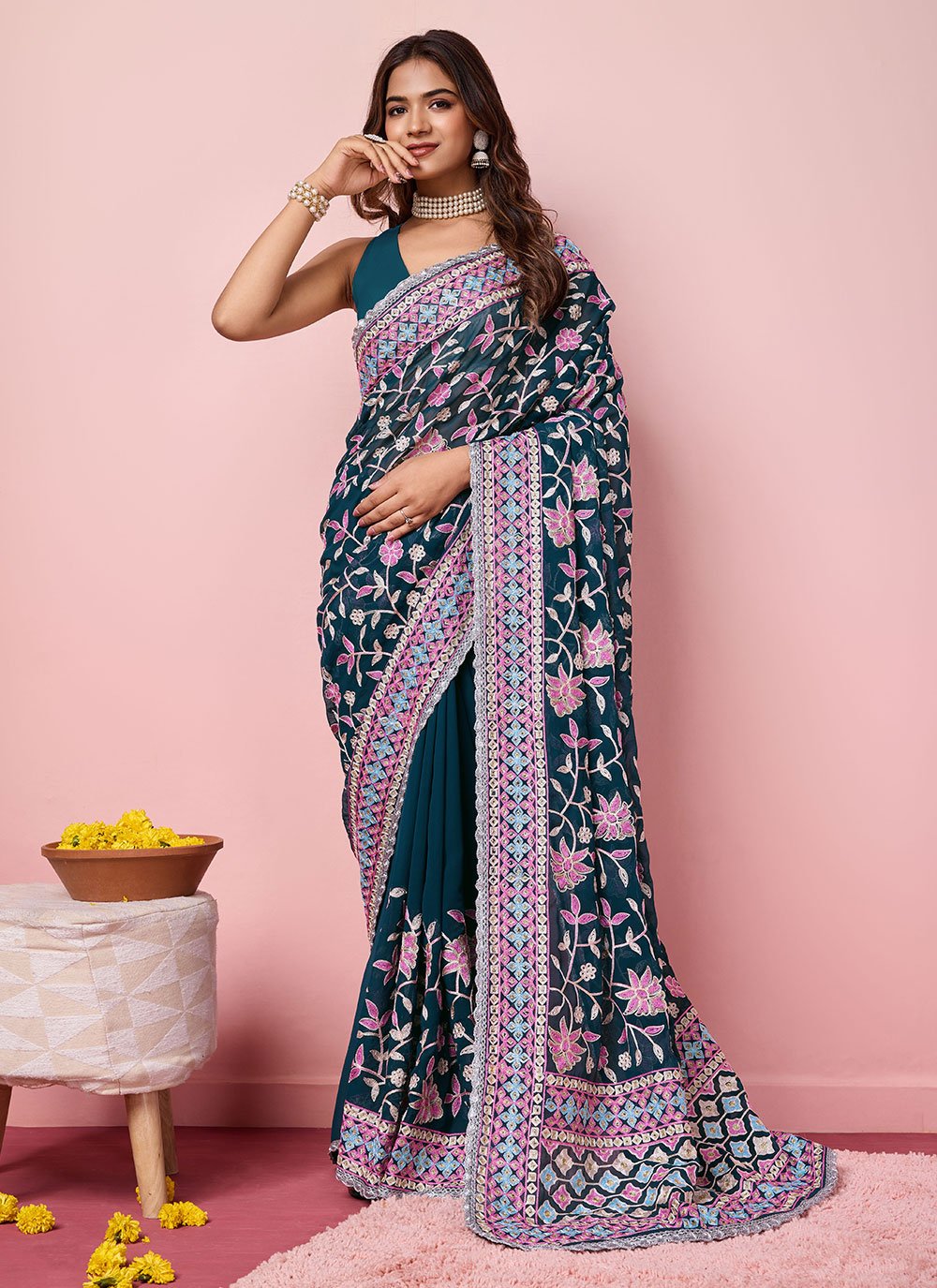 Teal Kashmiri Embroidered Georgette Traditional Saree