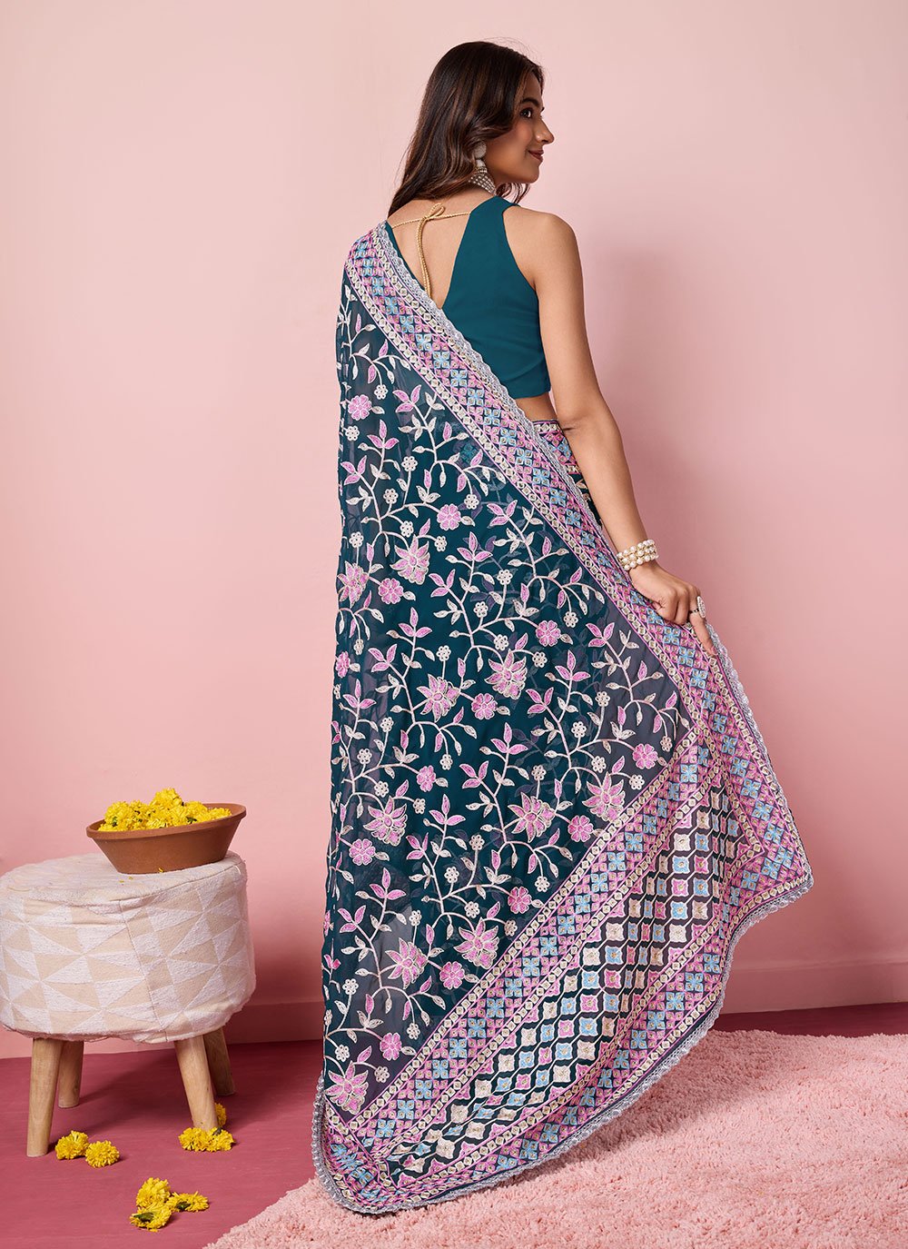 Teal Kashmiri Embroidered Georgette Traditional Saree