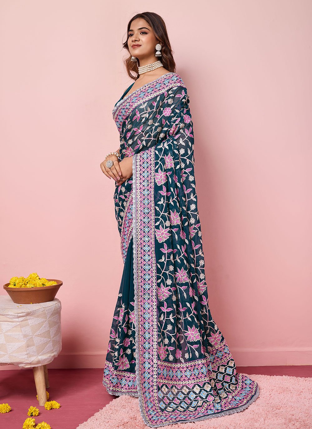 Teal Kashmiri Embroidered Georgette Traditional Saree