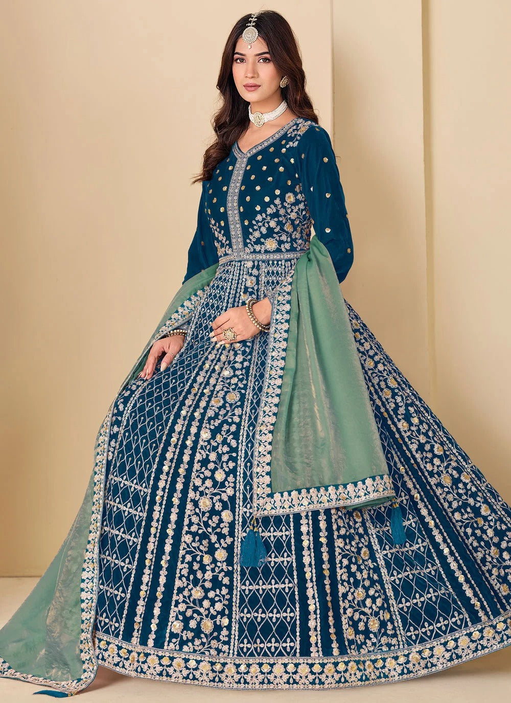Teal modest wear Anarkali dress with silk dupatta