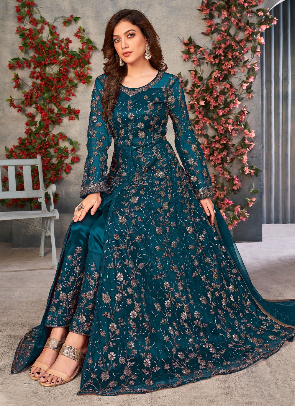 Teal Net Sequins Embroidered Slit Pant Style Salwar Suit For Women
