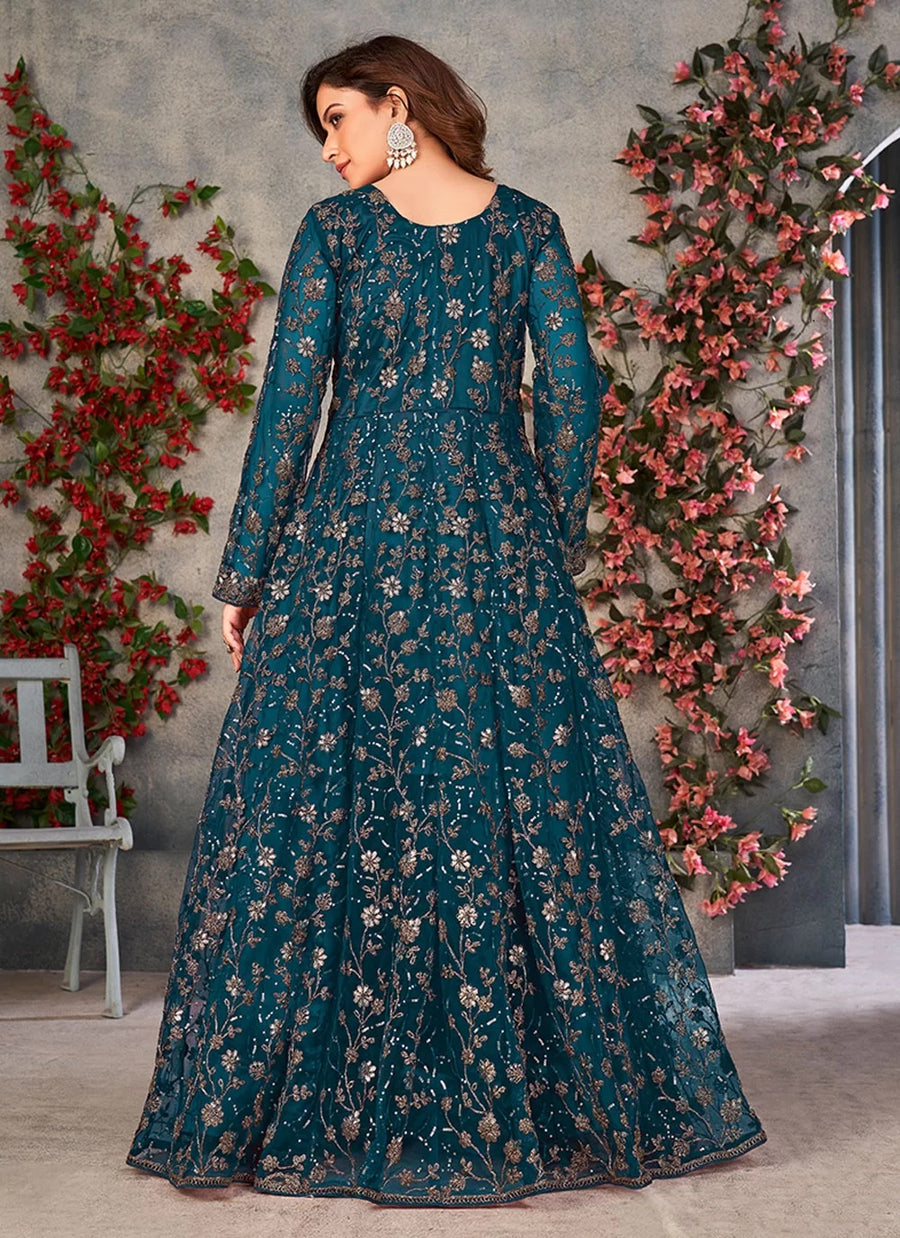 Teal Net Sequins Embroidered Slit Pant Style Salwar Suit For Women