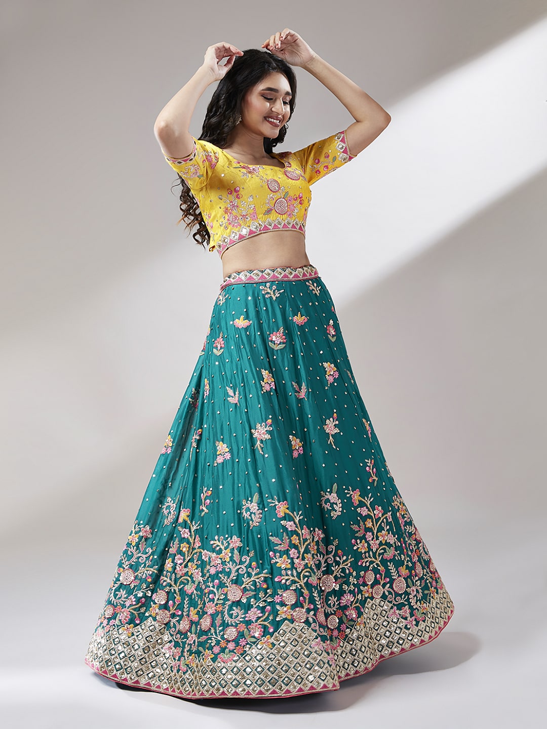 Teal Party Wear Georgette Sequins Work Lehenga With Silk Blouse