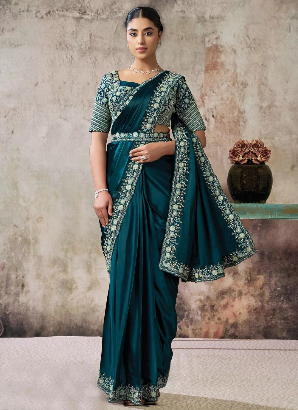 Teal Crepe Satin Silk Ready To Wear Saree with Sequins & Pure Handwork