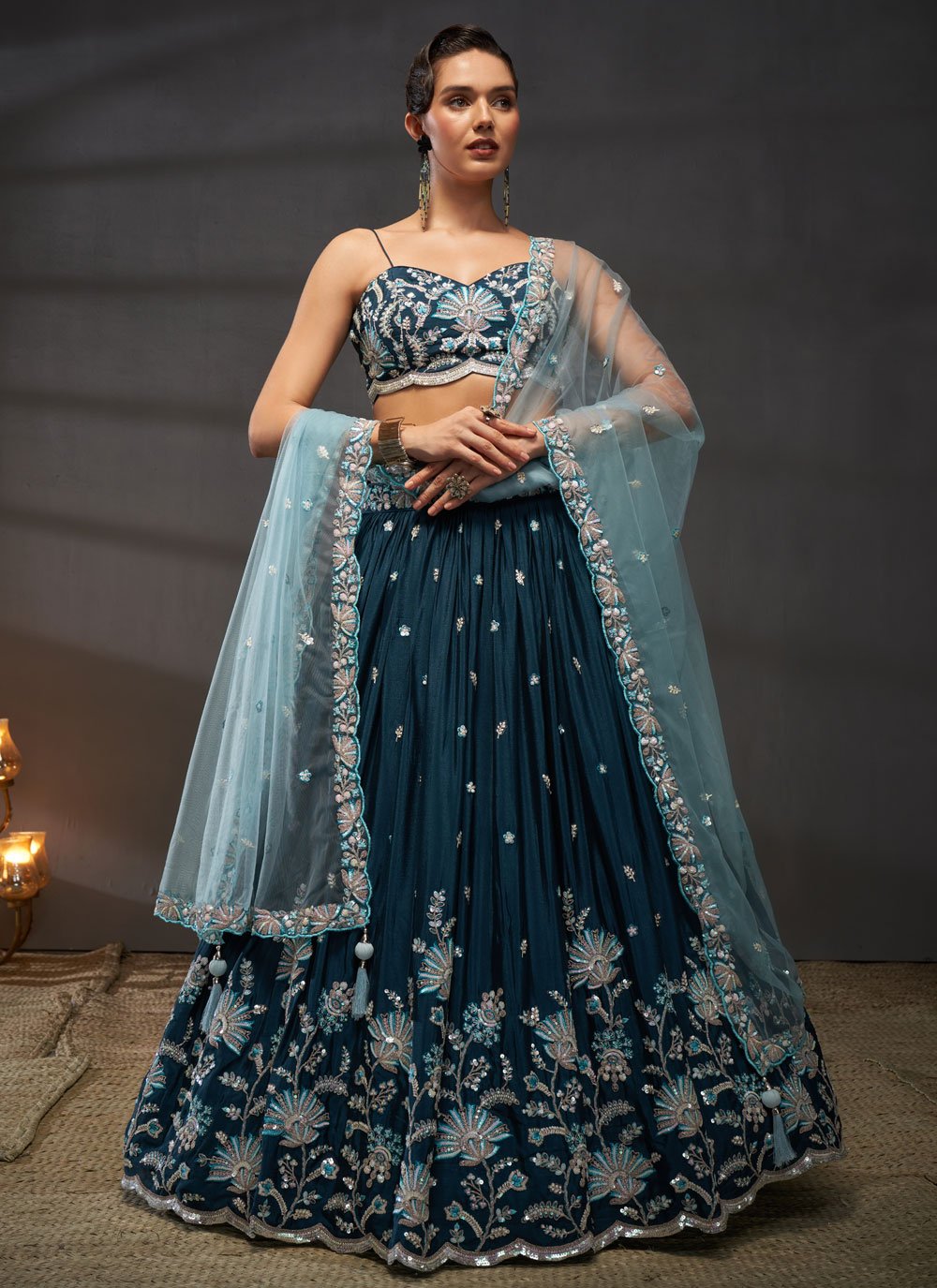 Teal Poly Chiffon Bridal Sangeet Lehenga with Sequins Work