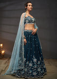 Teal Poly Chiffon Bridal Sangeet Lehenga with Sequins Work