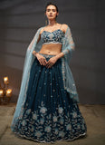 Teal Poly Chiffon Bridal Sangeet Lehenga with Sequins Work