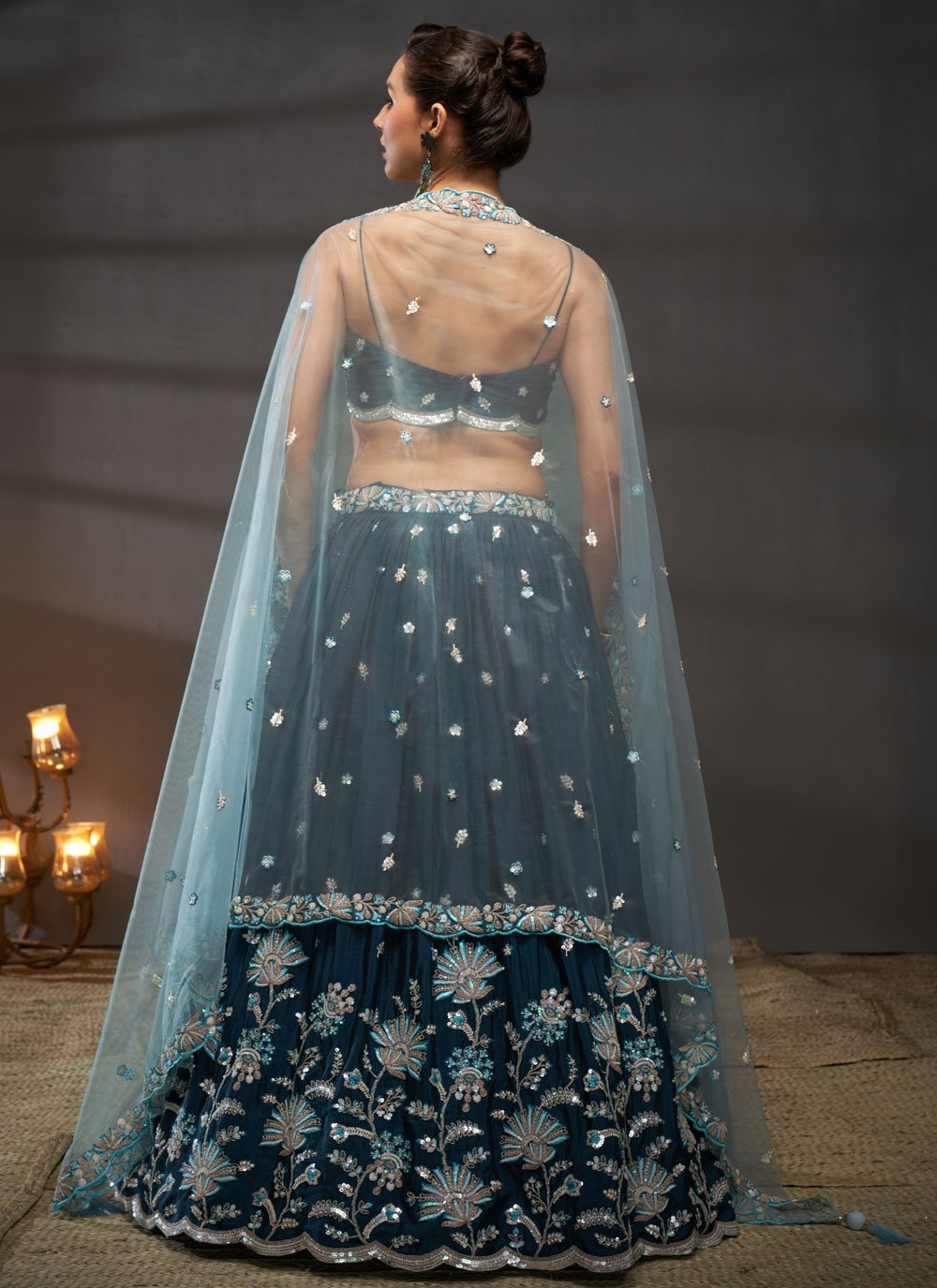 Teal Poly Chiffon Bridal Sangeet Lehenga with Sequins Work