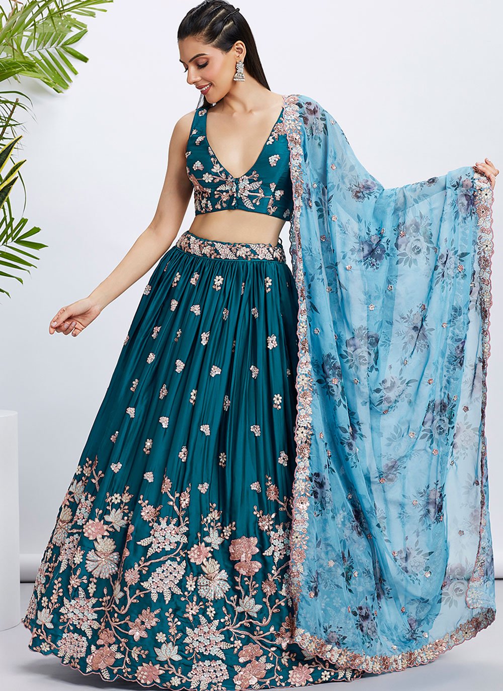 Teal Poly Georgette Bridesmaid Lehenga with Sequins and Thread Work