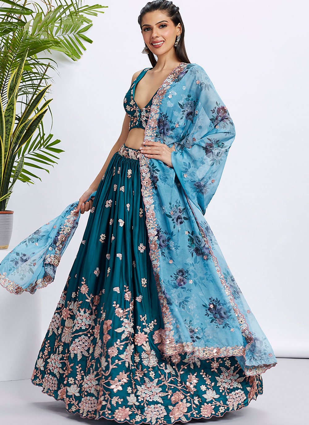 Teal Poly Georgette Bridesmaid Lehenga with Sequins and Thread Work