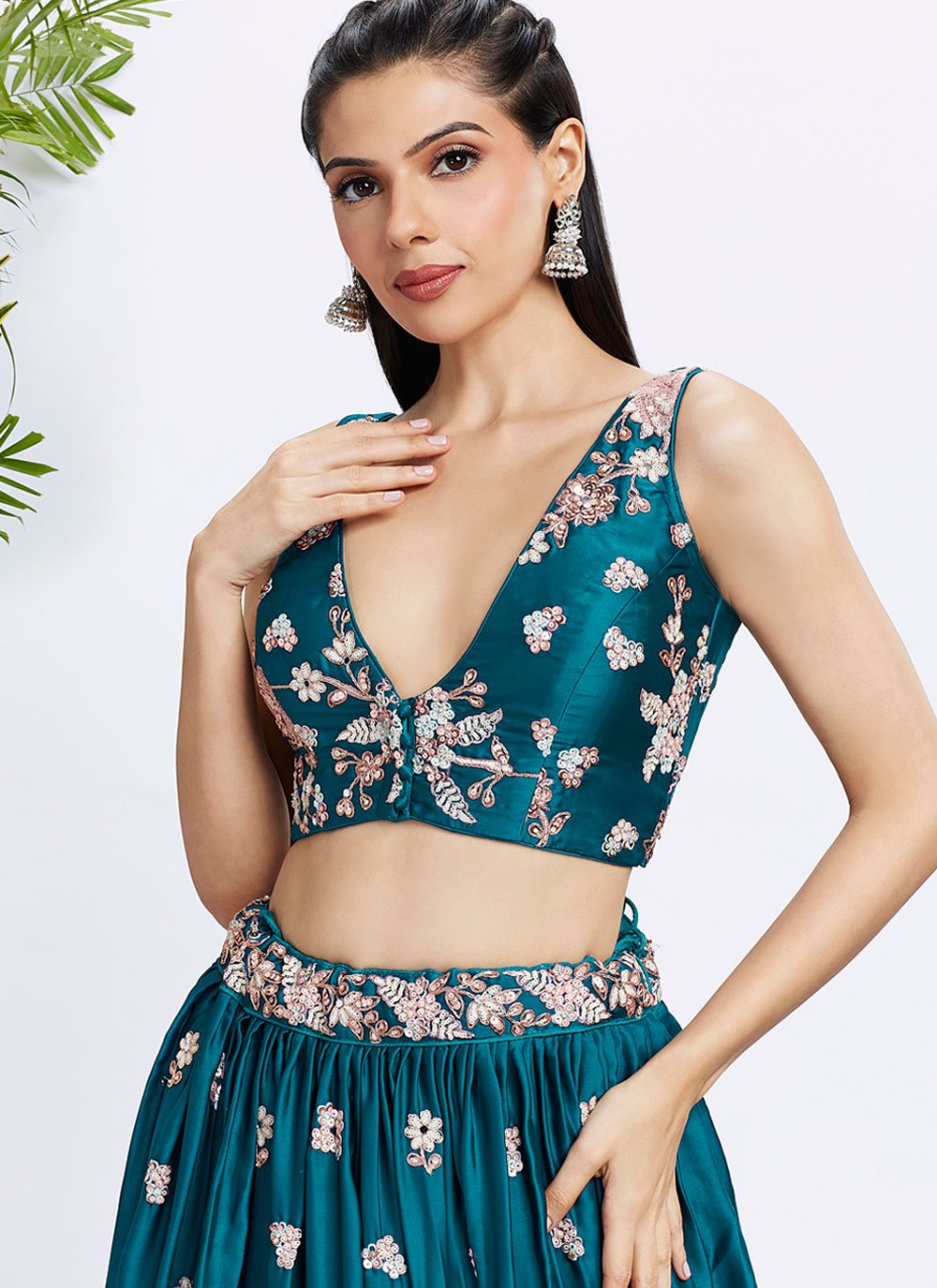 Teal Poly Georgette Bridesmaid Lehenga with Sequins and Thread Work