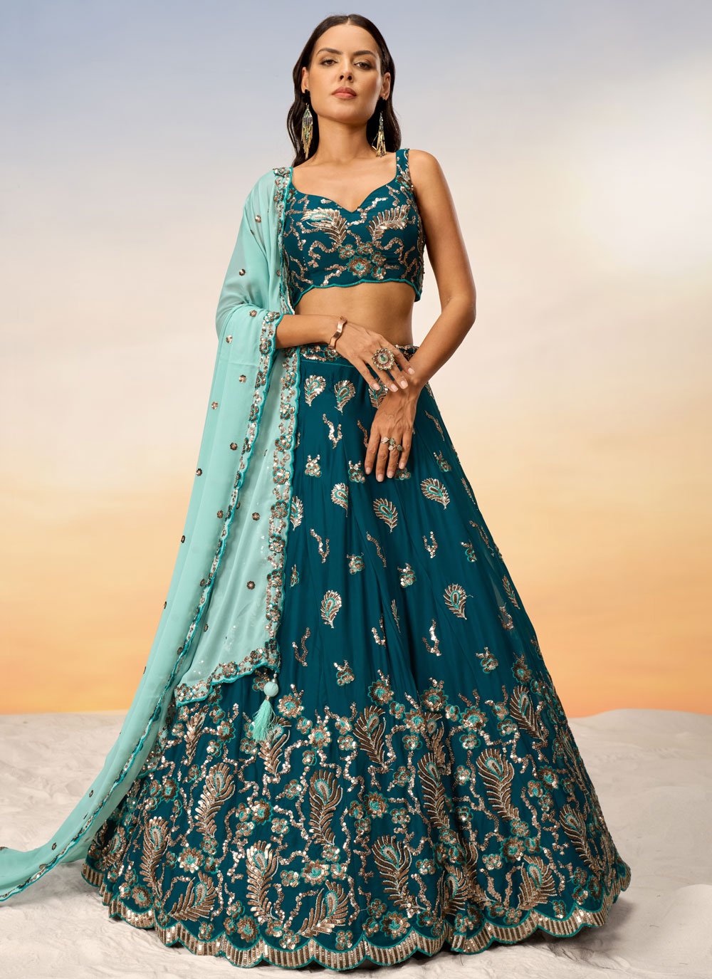 Teal Poly Georgette Indian Reception Lehenga with Sequins and Thread Embroidery