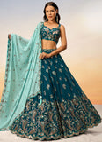 Teal Poly Georgette Indian Reception Lehenga with Sequins and Thread Embroidery