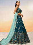 Teal Poly Georgette Indian Reception Lehenga with Sequins and Thread Embroidery