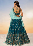 Teal Poly Georgette Indian Reception Lehenga with Sequins and Thread Embroidery