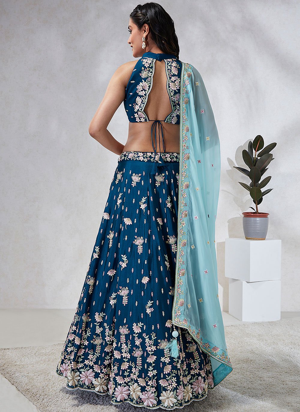 Teal Poly Georgette Lehenga with Embellishments Of Printing and Swarovski