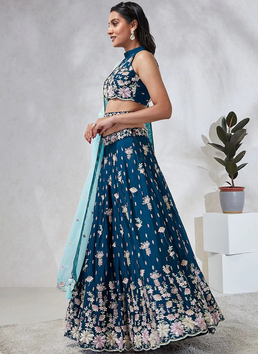 Teal Poly Georgette Lehenga with Embellishments Of Printing and Swarovski