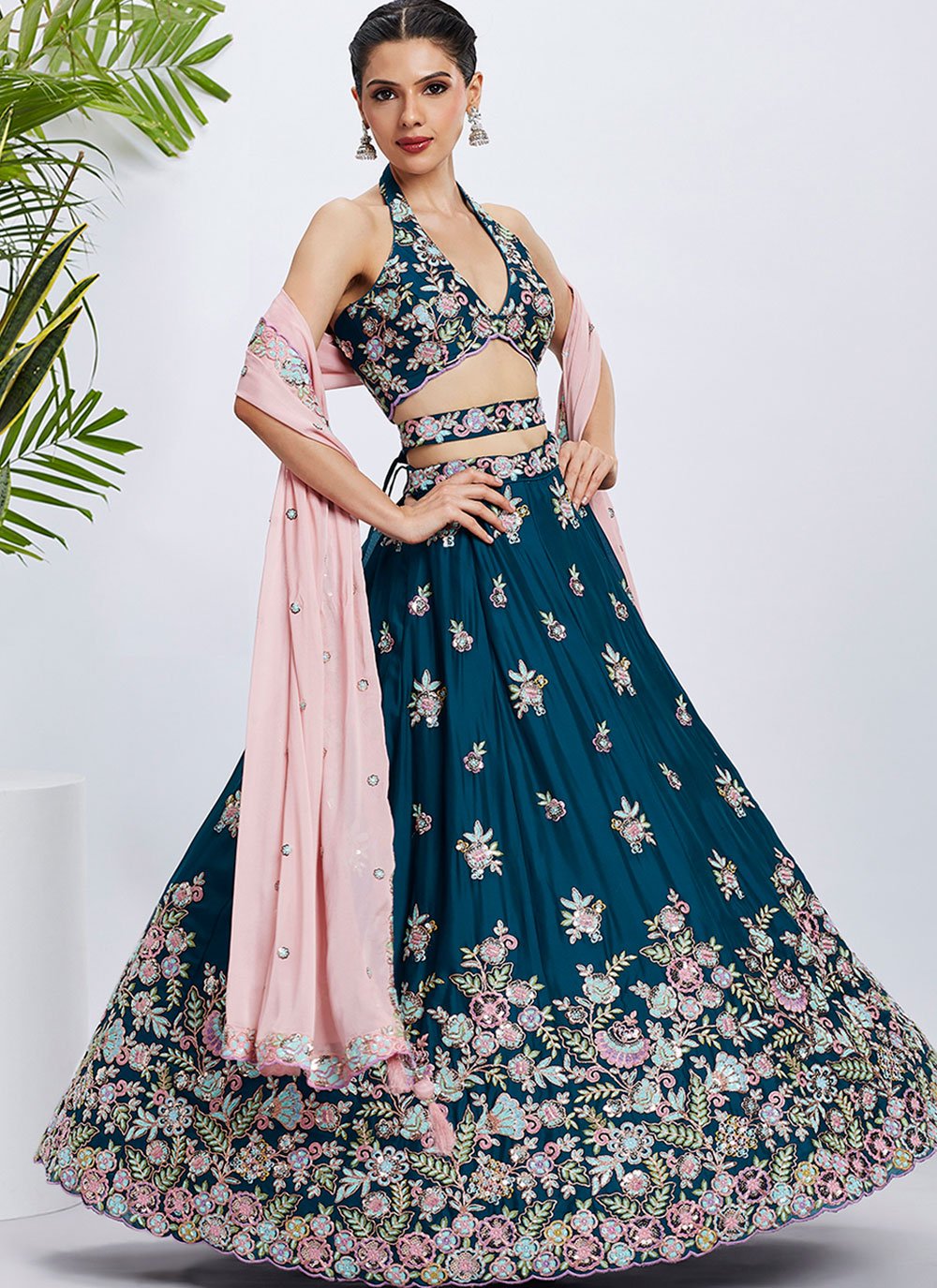 Teal Poly Georgette Trendy Wedding Lehenga with Sequins Embroidery