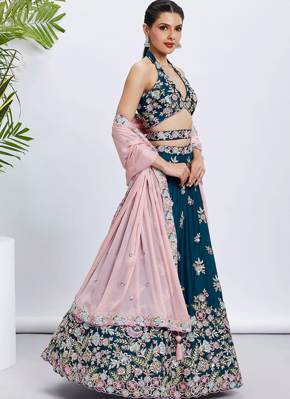 Teal Poly Georgette Trendy Wedding Lehenga with Sequins Embroidery