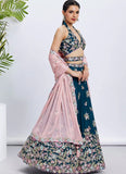 Teal Poly Georgette Trendy Wedding Lehenga with Sequins Embroidery